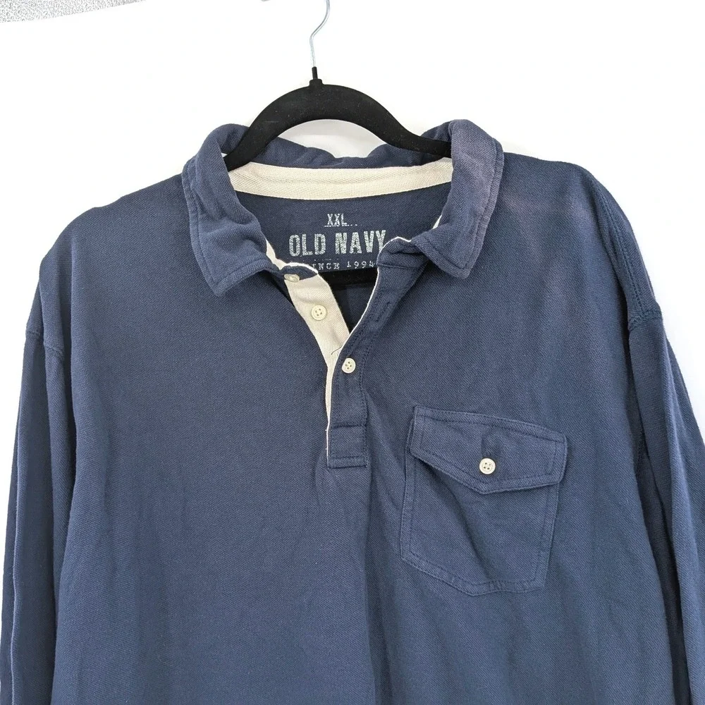 Y2K Old Navy Long Sleeve Polo Shirt XXL Navy Blue Cotton‎ Casual 2000s